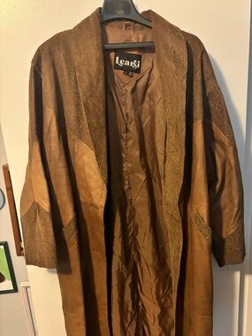 Vintage Retro Learsi Genuine Leather Brown Long Maxi Duster Trench Coat Large